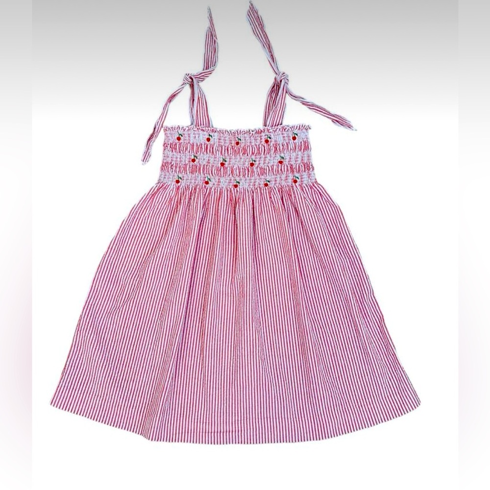 JANIE and JACK Smocked Seersucker Dress Cherry Embroidery Summer Cotton Vacation